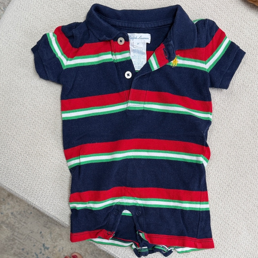 Ralph Lauren Navy Polo Romper with Red and Green Stripes